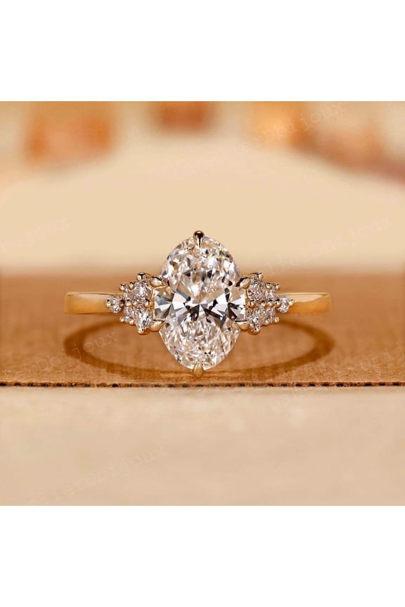Oval Cut Lab Grown Diamond Ring, Side Stone Engagement Ring, Solid Gold Wedding Ring for Women,