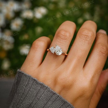 LATELIERDBIJOUX Unique Two stone Pear Moissanite Toi Et Moi Engagement Ring For Women