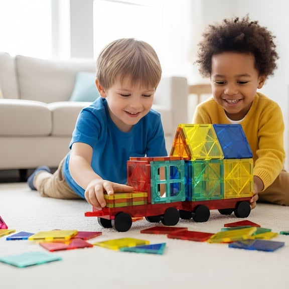 LATI 130 PCS Magnetic Tiles, Magnet Building Blocks for Kids STEM Construction Set Clear Imagination Inspirational Educational Toddler Boys Girls Kids Toys for 3 4 5 6 7 8 Years with 2 Cars