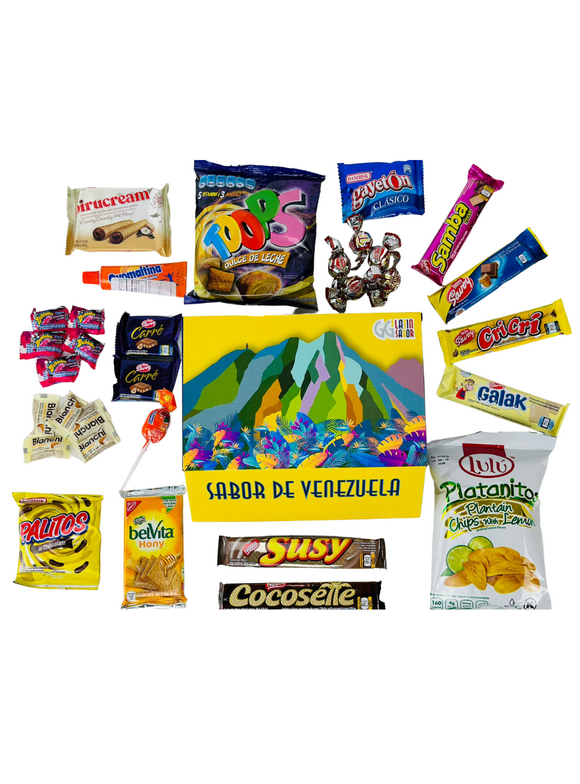 LATIN SABOR Venezuela Food Sweet Snacks Gift Crate Box Assorted Cookies, Chips & Candies Mix Variety Pack Cocosette Susy Toronto Chocolate
