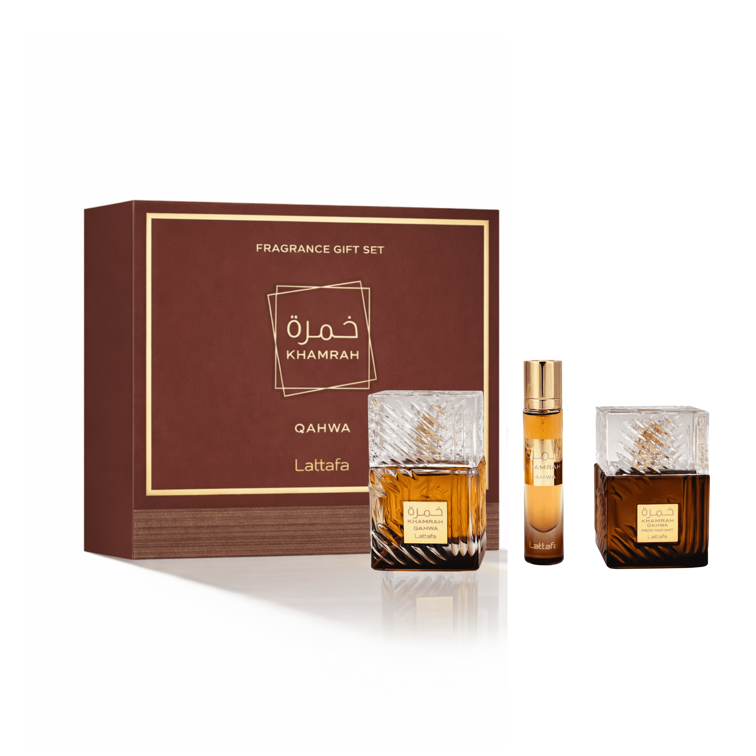 LATTAFA KHAMRAH QAHWA 3PC GIFT SET(EDP 3.4FL.OZ | 100ML, EDP 0.4FL