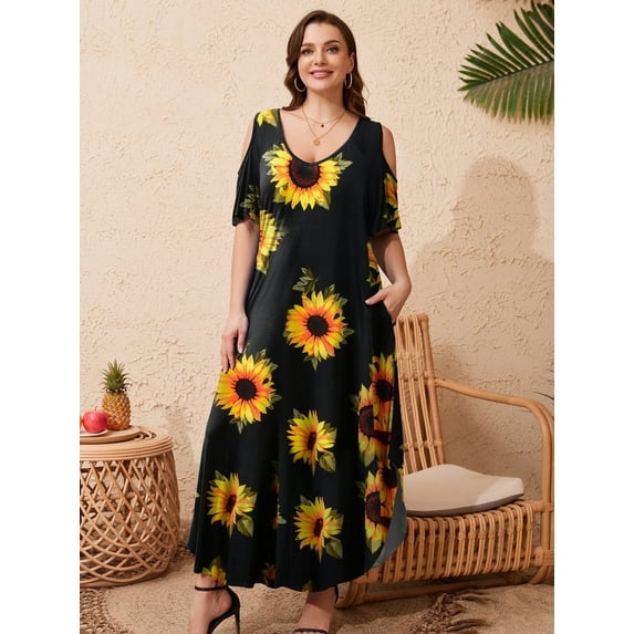 VEPKUL Fashion Women's Plus Size Summer Cold Shoulder Sundress Casual Long Maxi Dresses