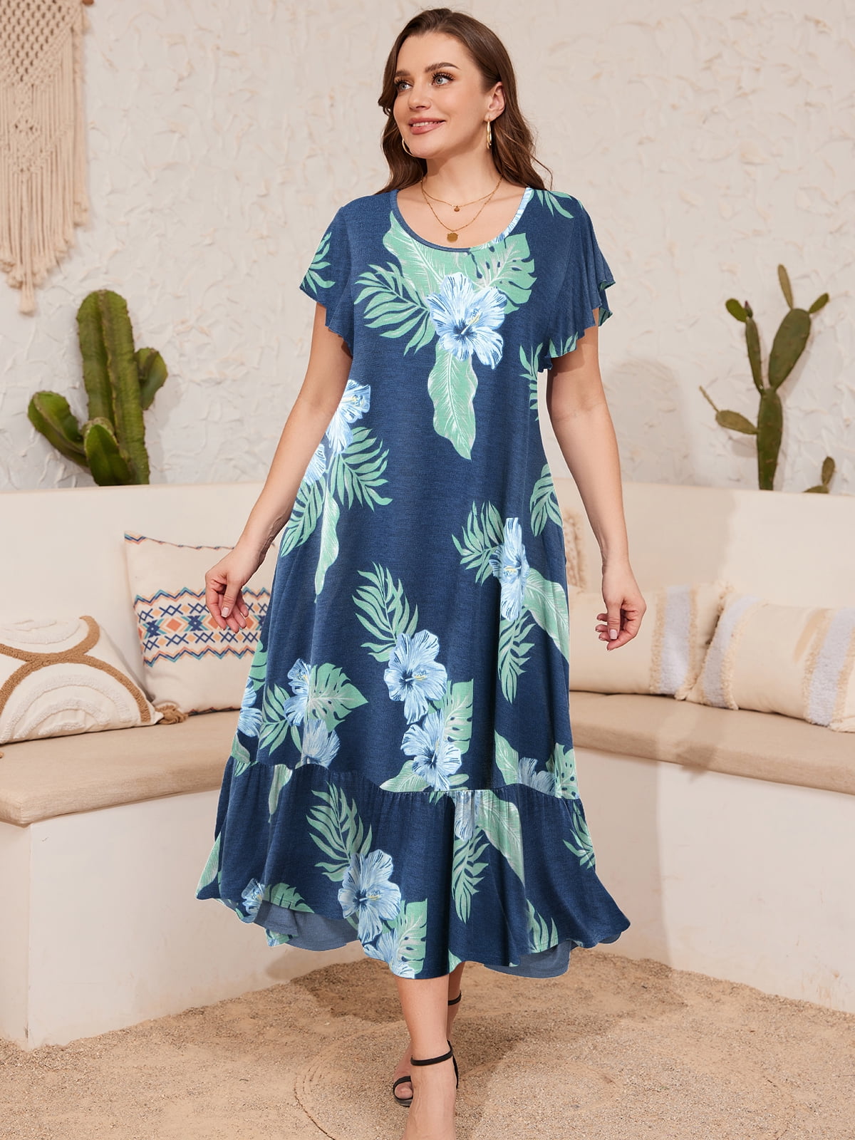 Peassa Women's Plus Size Summer Maxi Dress - Short Sleeve, Long Length With Pockets, Elastic Waist