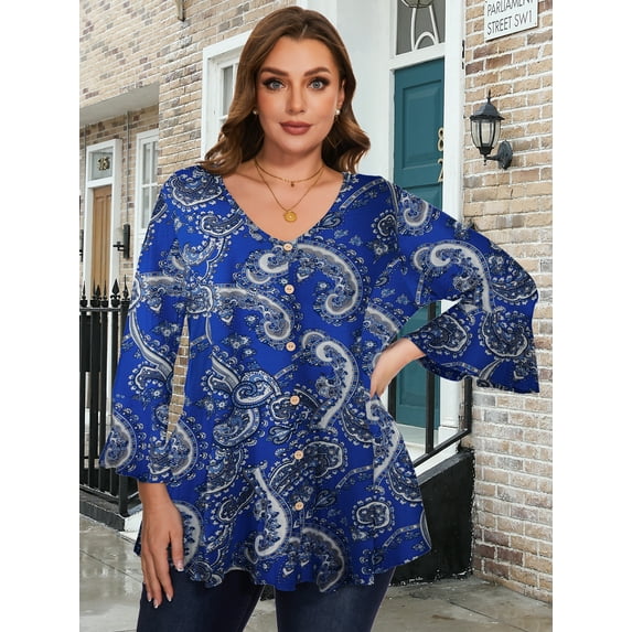 LATWIIV Tunic Tops for Women 3/4 Sleeve Plus Size Women's Tunics Loose Fit Floral Swing Flare Ladies Blouse for Leggings A-Blue35 4X