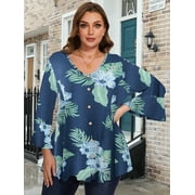 LATWIIV Tunic Tops for Women 3/4 Sleeve Plus Size Women's Tunics Loose Fit Floral Swing Flare Ladies Blouse for Leggings A-SteelBlue32 4X
