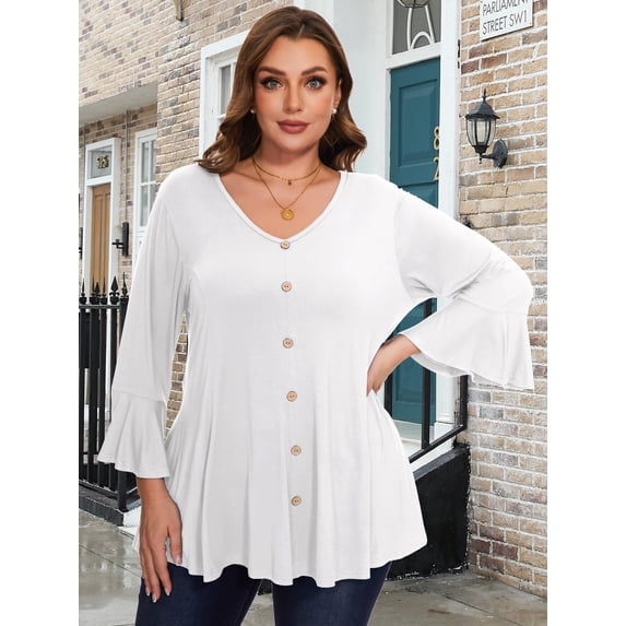 LATWIIV Tunic Tops for Women 3/4 Sleeve Plus Size Women's Tunics Loose Fit Floral Swing Flare Ladies Blouse for Leggings White 4X