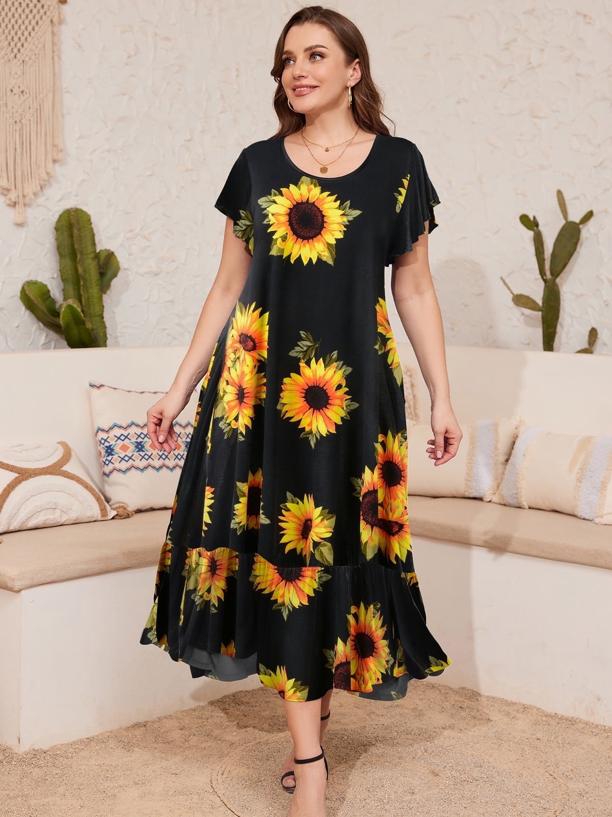 ZENNILO Plus Size T-Shirt Dress - Flowy Swing Tunic With Pockets, Floral Print, X-Large