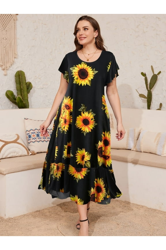 Women Summer Dresses 2025 Spring Fashion Boho Sleeve Round Neck Pocketed Loose Fit Tiered Flowy Flower35_2X