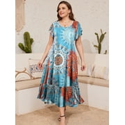 LATWIIV VEPKUL Women Summer Dresses 2025 Spring Fashion Boho Sleeve Round Neck Pocketed Loose Fit Tiered Flowy Flower37_4X