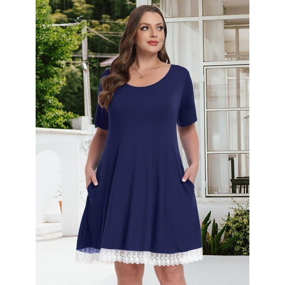 VEPKUL Women's Plus Size Casual Printed Round Neck Lace Button Short Sleeves Dress NavyBlue_3X