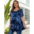 thumbnail image 1 of LATWIIV Women's Trendy Loose Pleated Tunic Solid Tops Puff Short Sleeve Tees Round Neck Leisure Shirts T09-DarkBlue_1X, 1 of 7