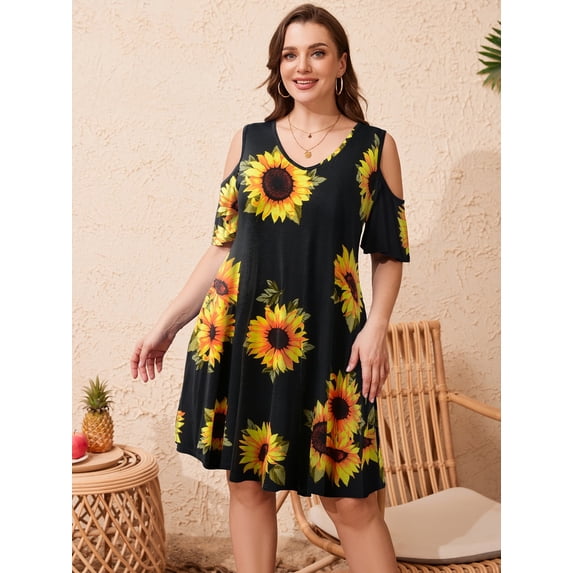 LATWIIV Women's V Neck Printed Cold Shoulder Short Sleeve Tanks Dress Cold Shoulder Flower35_2X