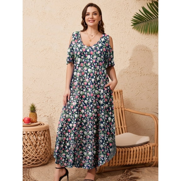 VEPKUL Womens 2025 Plus Size Cold Shoulder Dress Casual Loose Sundress Summer Beach Maxi Dresses with Pockets