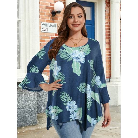 LATWIIV Womens Round Neck 3/4 Sleeve Tops Basic Button T-Shirts Solid Loose Cute Tunic Tee Blouses Fit Pullover A-SteelBlue32 2X