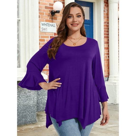 LATWIIV Womens Round Neck 3/4 Sleeve Tops Basic Button T-Shirts Solid Loose Cute Tunic Tee Blouses Fit Pullover DarkPurple 4X