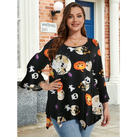 LATWIIV Womens Round Neck 3/4 Sleeve Tops Basic Button T-Shirts Solid Loose Cute Tunic Tee Blouses Fit Pullover Flower42 3X