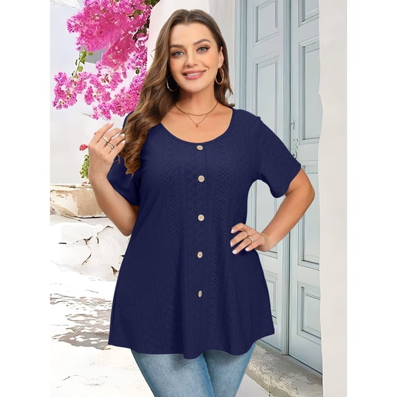 LATWIIV Womens Summer Short Sleeve Shirts Button Up Tunic Tops Casual Blouse Spring T-Shirts NavyBlue_2X