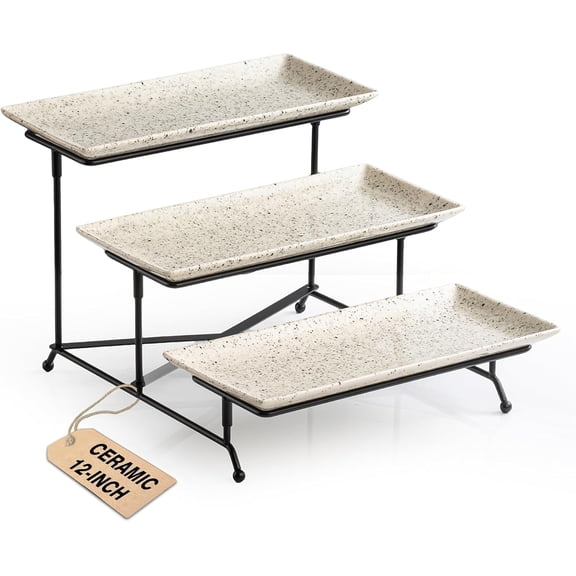 LAUCHUH 3 Tier Serving Tray, Porcelain Serving Platters and Trays for Party 12 Inch Tiered Tray Stand Cupcake Stand with Collapsible Sturdier Rack for St. Patrick's Day Serving Food, Speckled Glaze