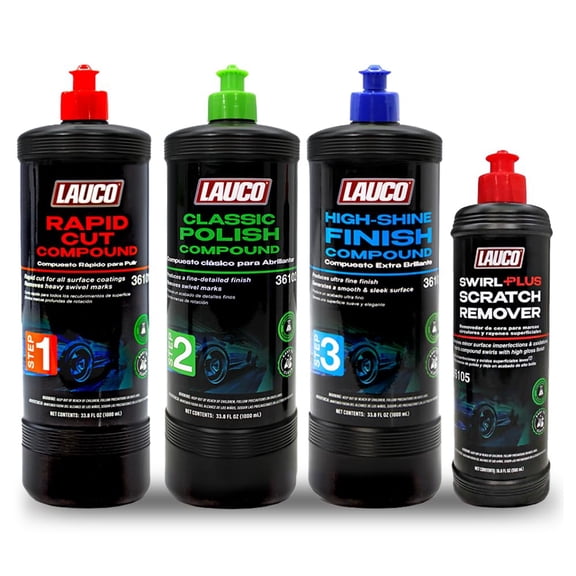 LAUCO 3-Step Automotive Buffing & Polishing Kit  Rapid Cut, Classic Polish & High-Shine Finish + Swivel Scratch Remover  Silicone-Free Paint Correction System [36101, 36102, 36103, 36105]