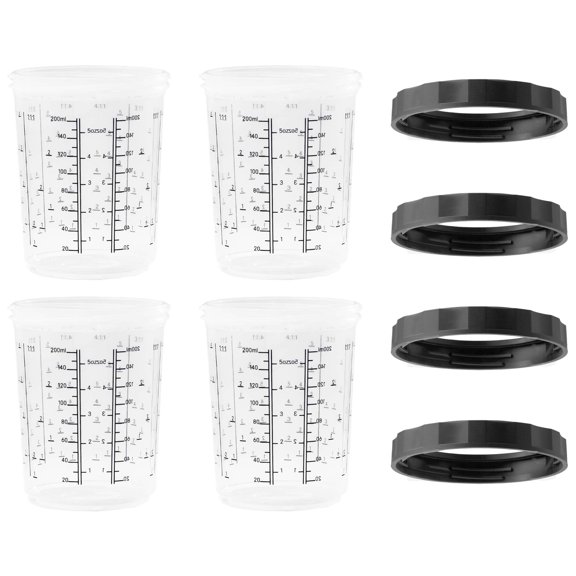 LAUCO 4 Pack Paint Spray Gun Hard Cup Set, 200ML (6.8 Oz) Reusable Mixing Cups with Retainer Rings, Compatible with Disposable Paint Cup Liner and Lid Systems for Automotive Paint, Primer, Clear Coat
