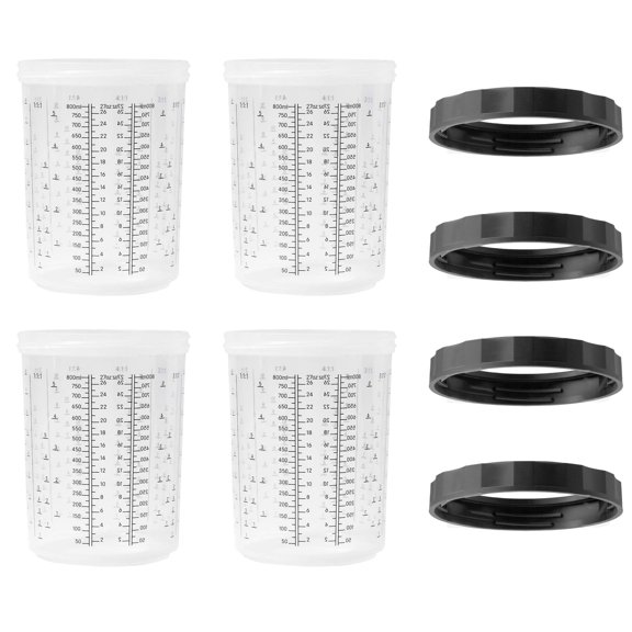 LAUCO 4 Pack Paint Spray Gun Hard Cup Set, 800ML (27 Oz) Reusable Mixing Cups with Retainer Rings, Compatible with Disposable Paint Cup Liner and Lid Systems for Automotive Paint, Primer, Clear Coat