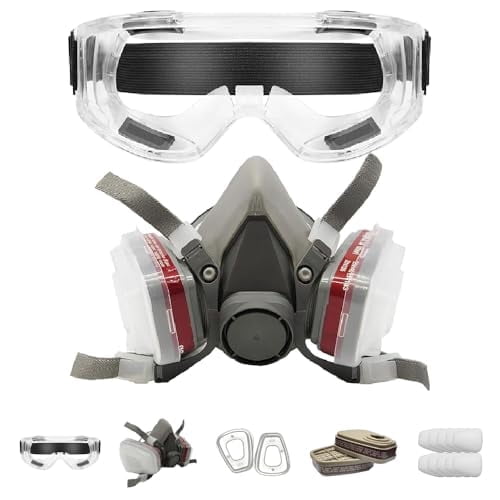 LAUCO Premium Respirator Kit Reusable Half Face Cover Set with Safety Glasses for Gas, Painting, Machine Polishing, Staining, Car Spraying, Sanding and Cutting - 27771