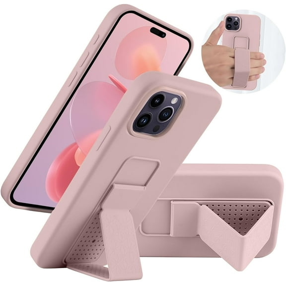 LAUDTEC Silicone Kickstand Case Compatible with iPhone 15 pro case Vertical and Horizontal Stand Hand Strap Metal Kickstand(Pink)