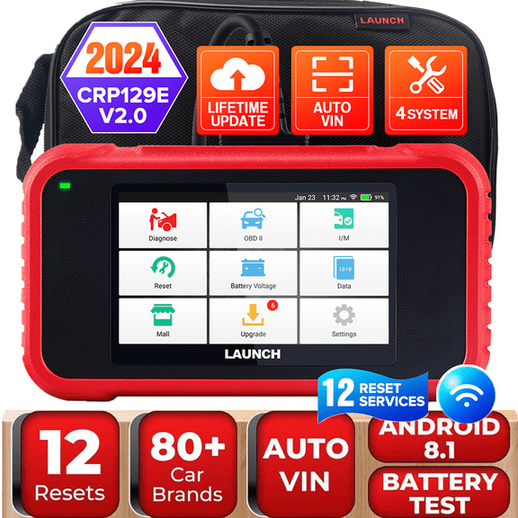 LAUNCH CRP 129E V2.0 2024 Car Scan Tool, 4 Systems Diagnostic Scanner with 12 Resets, Oil, EPB, SAS, Throttle, D.P. F Reset, ABS Bleeding, Injector Coding, FCA AutoAuth, Auto VIN