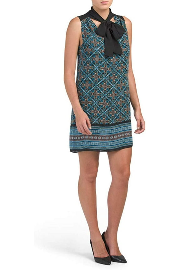 Tie Neck Print Dress, Black Multi - 6