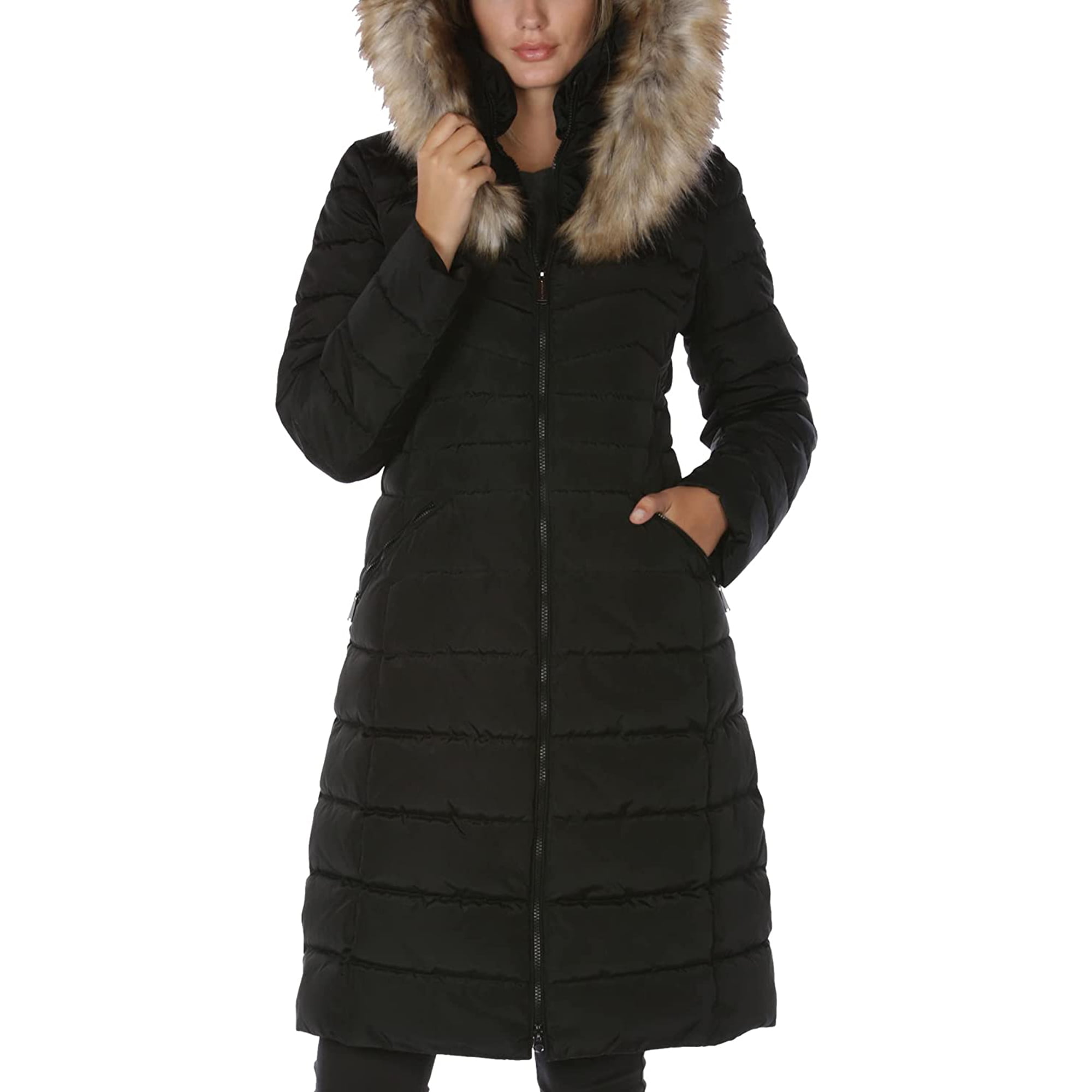 LAUNDRY BY SHELLI SEGAL Women s Maxi Puffer with Faux Fur Trim Black X Small Walmart