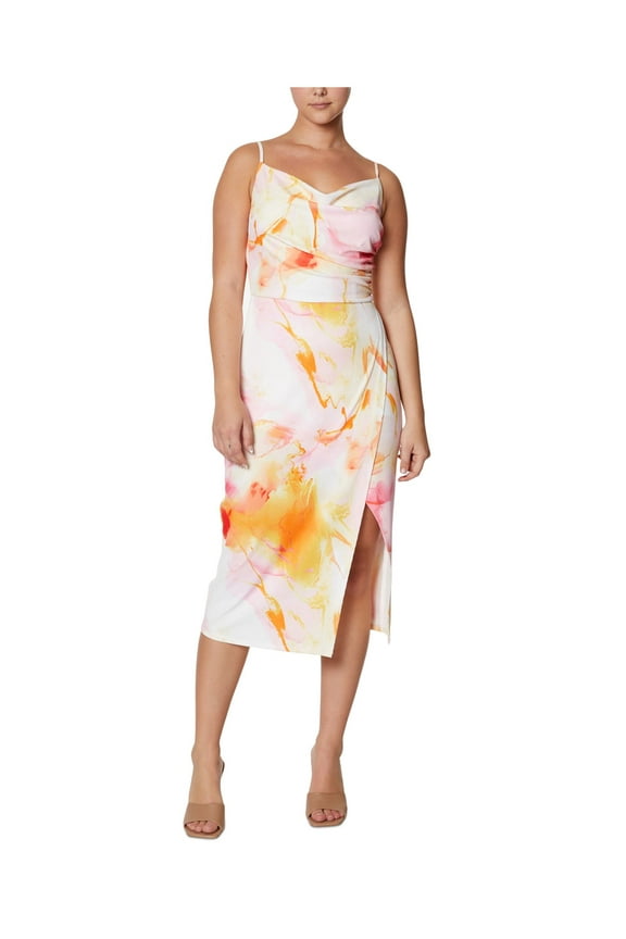 Womens Pink Zippered Ribbed Printed Spaghetti Strap Cowl Neck Midi Faux Wrap Dress 16