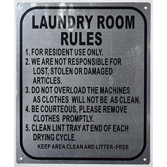 LAUNDRY ROOM RULES SIGN (10X12 WHITE BRUSH SILVER,ALUMINUM) -ref16822