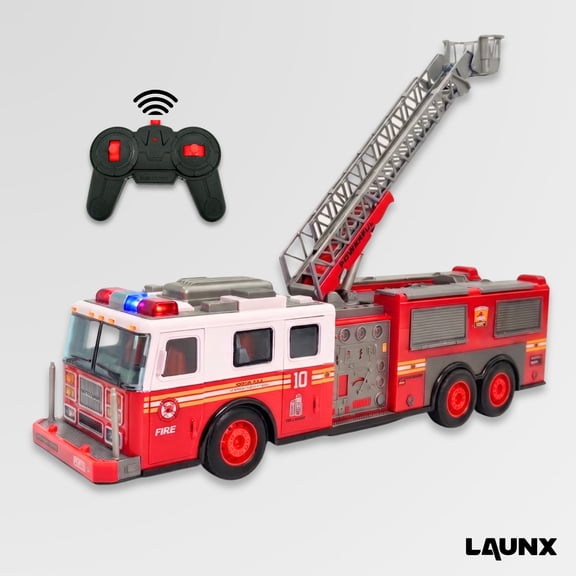 LAUNX RC Remote Control Fire Truck Toy with Working Lights, Ladder, Sounds / RC Emergency Responder Vehicle / Gift for Kids, Boys, Girls, Adults / Ages 4 and up