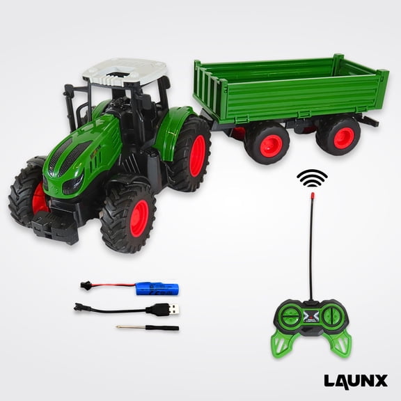 LAUNX RC Remote Control Kids Tractor Farm Toy with Working Detachable Trailer / RC Farm Toys for Boys and Girls / Great Gift for Birthdays, Parties, Thanksgiving, Christmas, Easter, Holidays