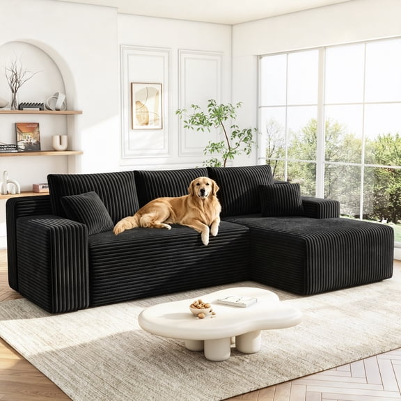 LAUOCO 96" Boneless Couch for living room, Modular Sectional Sofa with Upholstered Deep Seat, Modern L-Shaped Couch with Chaise, Plush Corduroy Fabric, Black, Right Facing Chaise, No Assembly