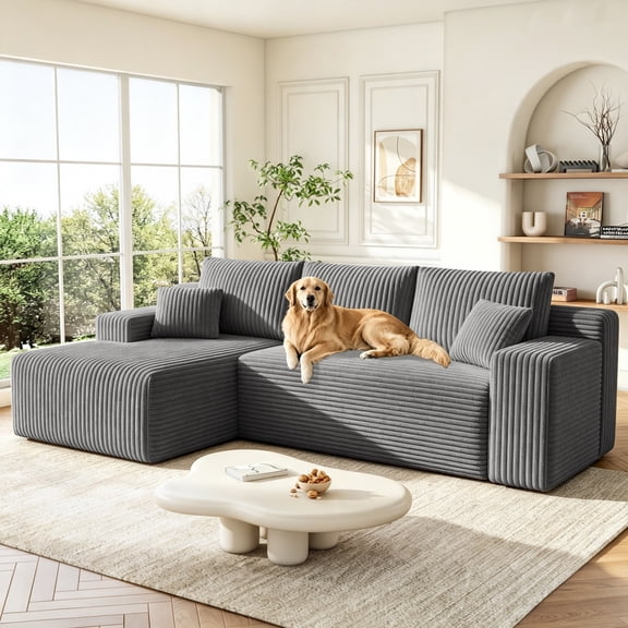 LAUOCO 96" Boneless Couch for living room, Modular Sectional Sofa with Upholstered Deep Seat, Modern L-Shaped Couch with Chaise, Plush Corduroy Fabric, Gray, Left Facing Chaise, No Assembly