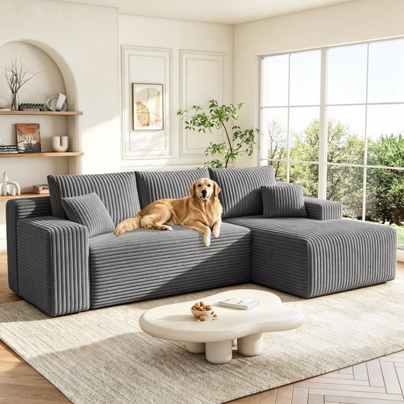 LAUOCO 96" Boneless Couch for living room, Modular Sectional Sofa with Upholstered Deep Seat, Modern L-Shaped Couch with Chaise, Plush Corduroy Fabric, Gray, Right Facing Chaise, No Assembly