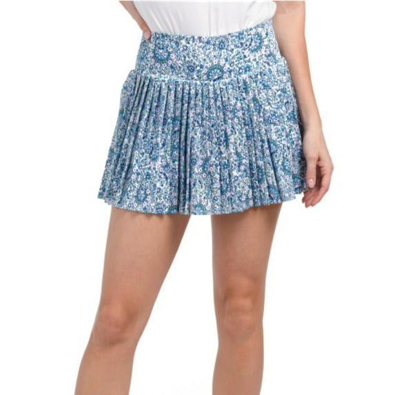 LAURA ASHLEY Women's Floral Print UPF 50 Built-in Shorts Pleated Mini Skort (Blue, L)