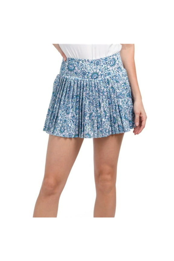 Women's Floral Print UPF 50 Built-in Shorts Pleated Mini Skort (Blue, L)