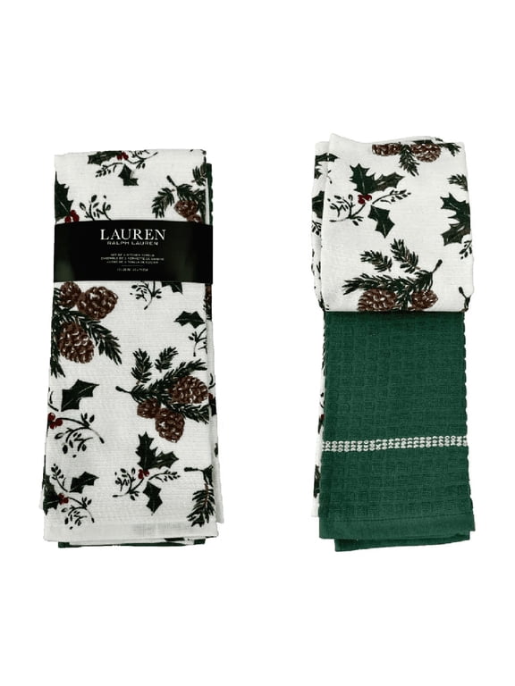 Holiday Pine & Holly Kitchen Towels Set of 17"x28" Cotton