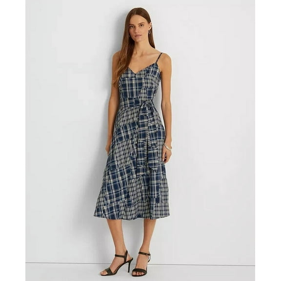 LAUREN RALPH LAUREN Patchwork Cotton Sleeveless Dress Blue Size 14 MSRP $265