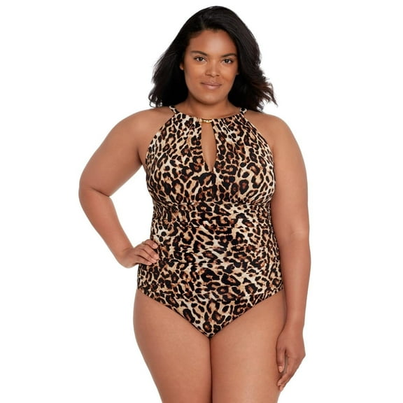 Lauren Ralph Lauren Women's Plus Size Leopard High Neck One Piece Swimsuit Brown