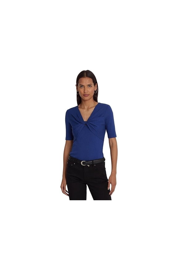 Twist-Front Rib-Knit Cotton-Blend T-Shirt Blue Size XXL $90