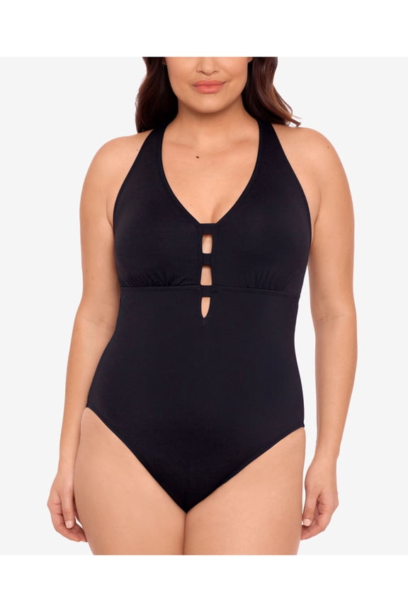 Women's Black Tummy Control Non-Removable Cups Cutout Scoop Neck One Piece Swimsuit 22W