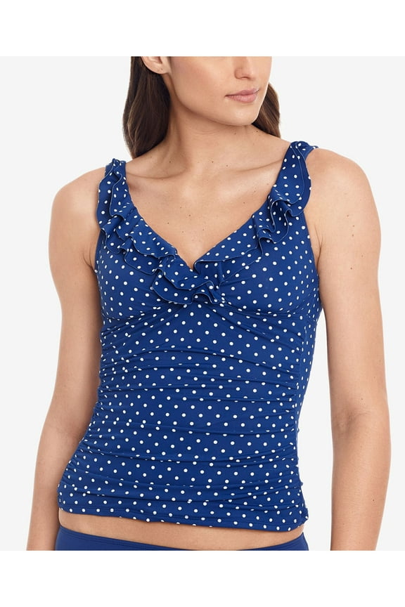 Women's Blue Polka Dot Surplice Non- Removable Cups Ruffled Underwire Tankini Swimsuit Top 14