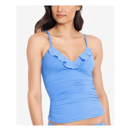 LAUREN RALPH LAUREN Women's Blue Stretch Adjustable Lined Deep V Neck Ruffled Beach Club Solids Tankini Swimsuit Top 12