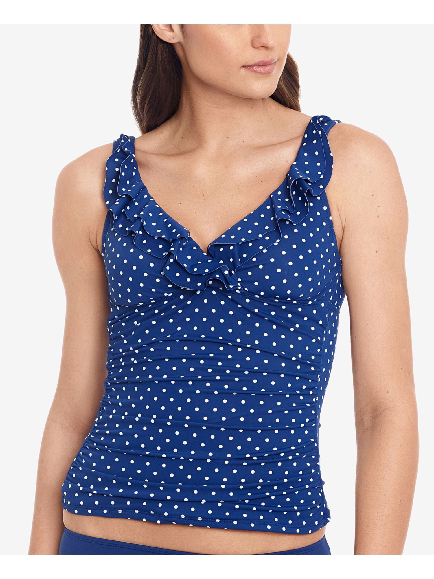 LAUREN RALPH LAUREN Women's Navy Polka Dot Surplice Non- Removable Cups Ruffled Underwire Tankini Swimsuit Top 8