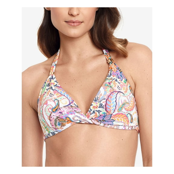 LAUREN RALPH LAUREN Women's Orange Floral Non-Removable Cups Tie Halter Bikini Top 16