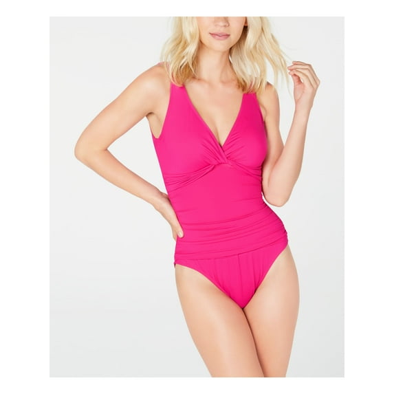 LAUREN RALPH LAUREN Women's Pink Stretch Shirred Removable Cups Deep V Neck Twist Front Beach Club Underwire One Piece Swimsuit 12