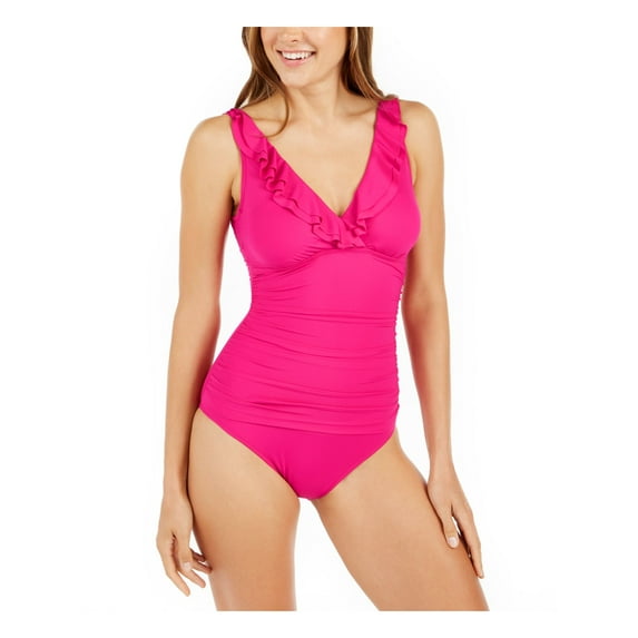 LAUREN RALPH LAUREN Women's Pink Stretch Tummy Control Ruched Ruffled Removable Cups Full Coverage Surplice One Piece Swimsuit 14